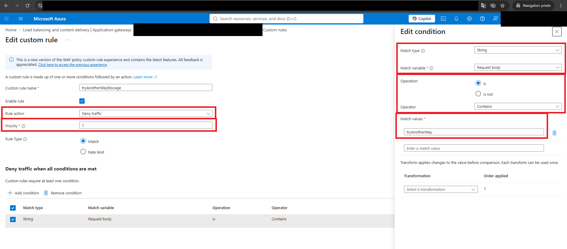 Exemple de configuration de règle dans Microsoft Azure